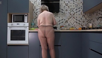 Curvy Wife In Nylon Pantyhose Offers Breakfast Options Including Herself And Eggs